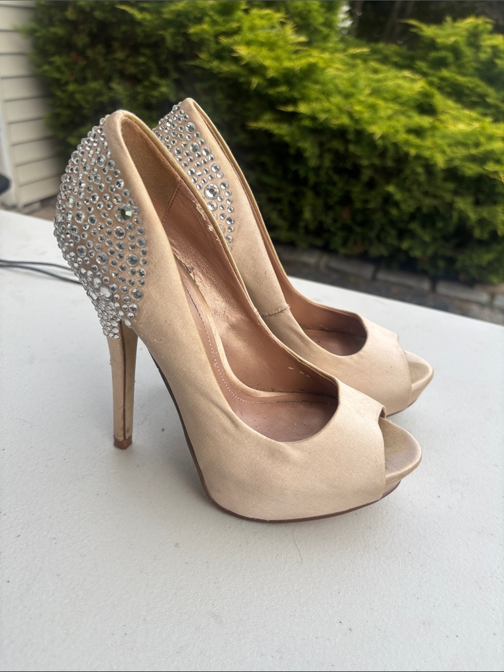 Aldo Champagne Crystal-Embellished Peep-Toe Heels